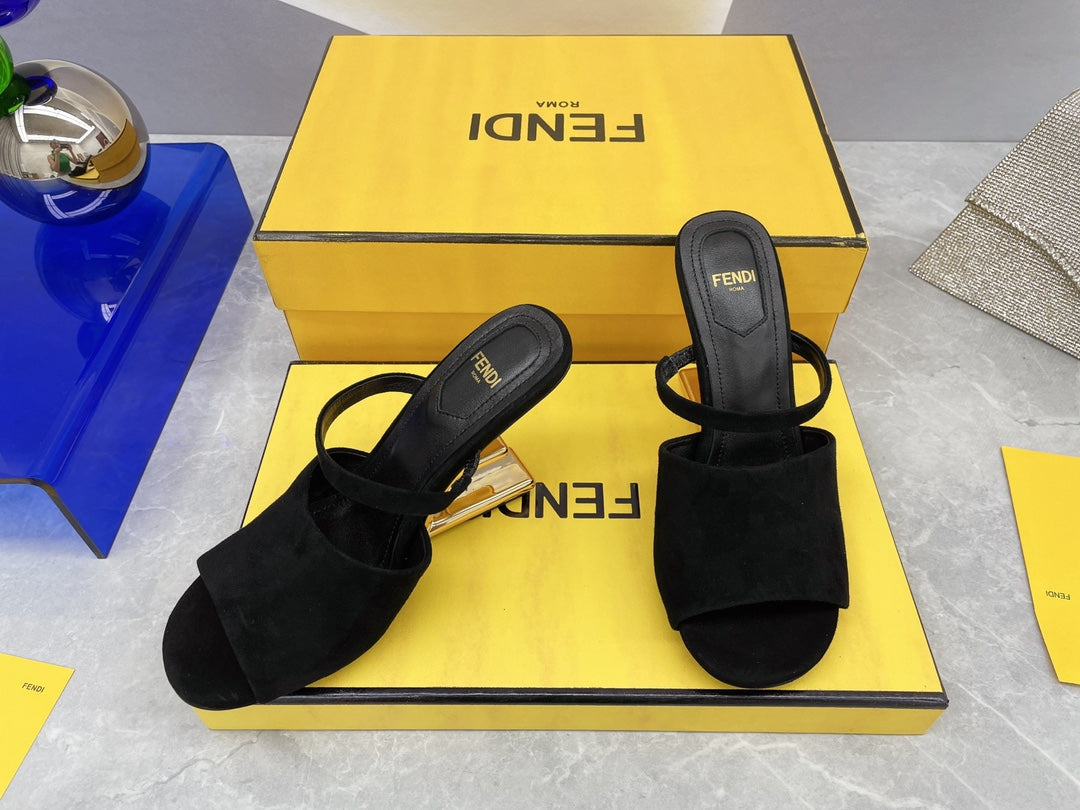 FENDI FIRST 95 MM HIGH-HEELED SANDAL IN BLACK SUEDE GOLD HARDWARE