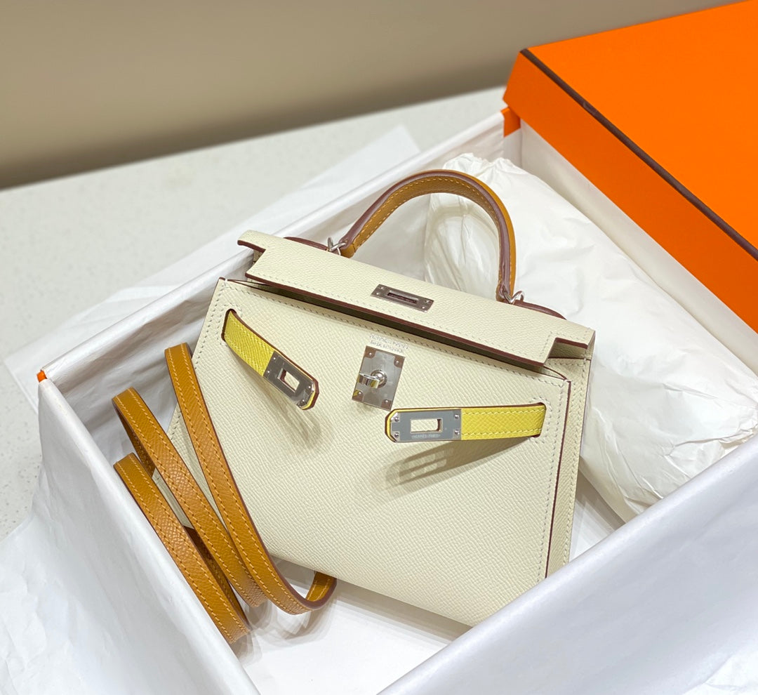 HM Mini Kelly 19cm Cream Yellow Epsom Silver Hardware