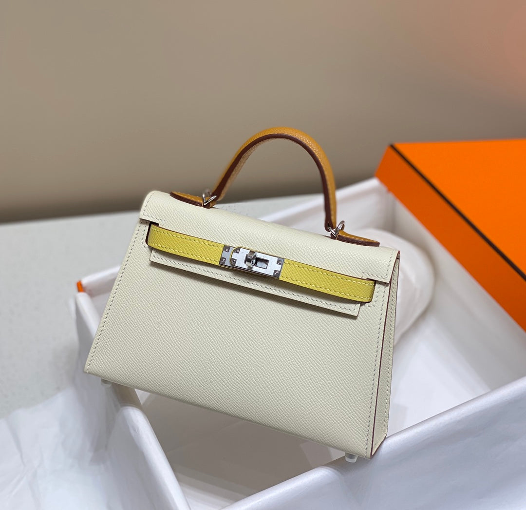 HM Mini Kelly 19cm Cream Yellow Epsom Silver Hardware