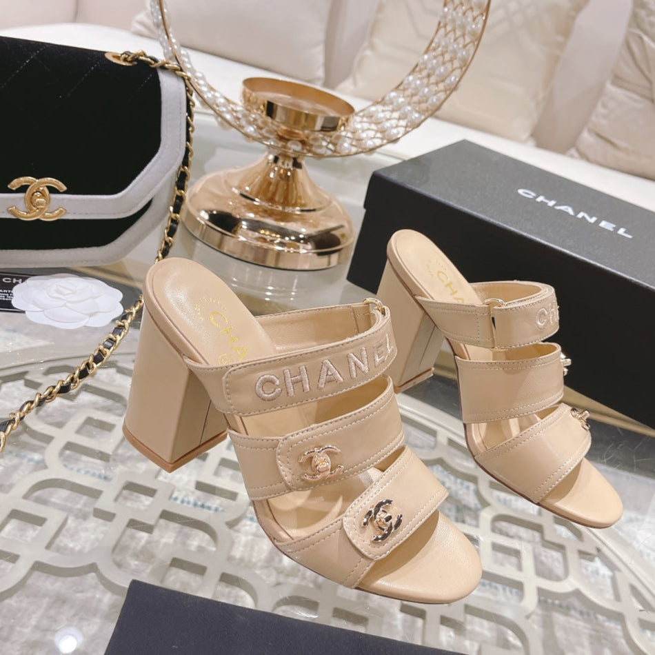 CC 25C Three Strap Sandal Mule High Heel Cream Sheepskin 213347