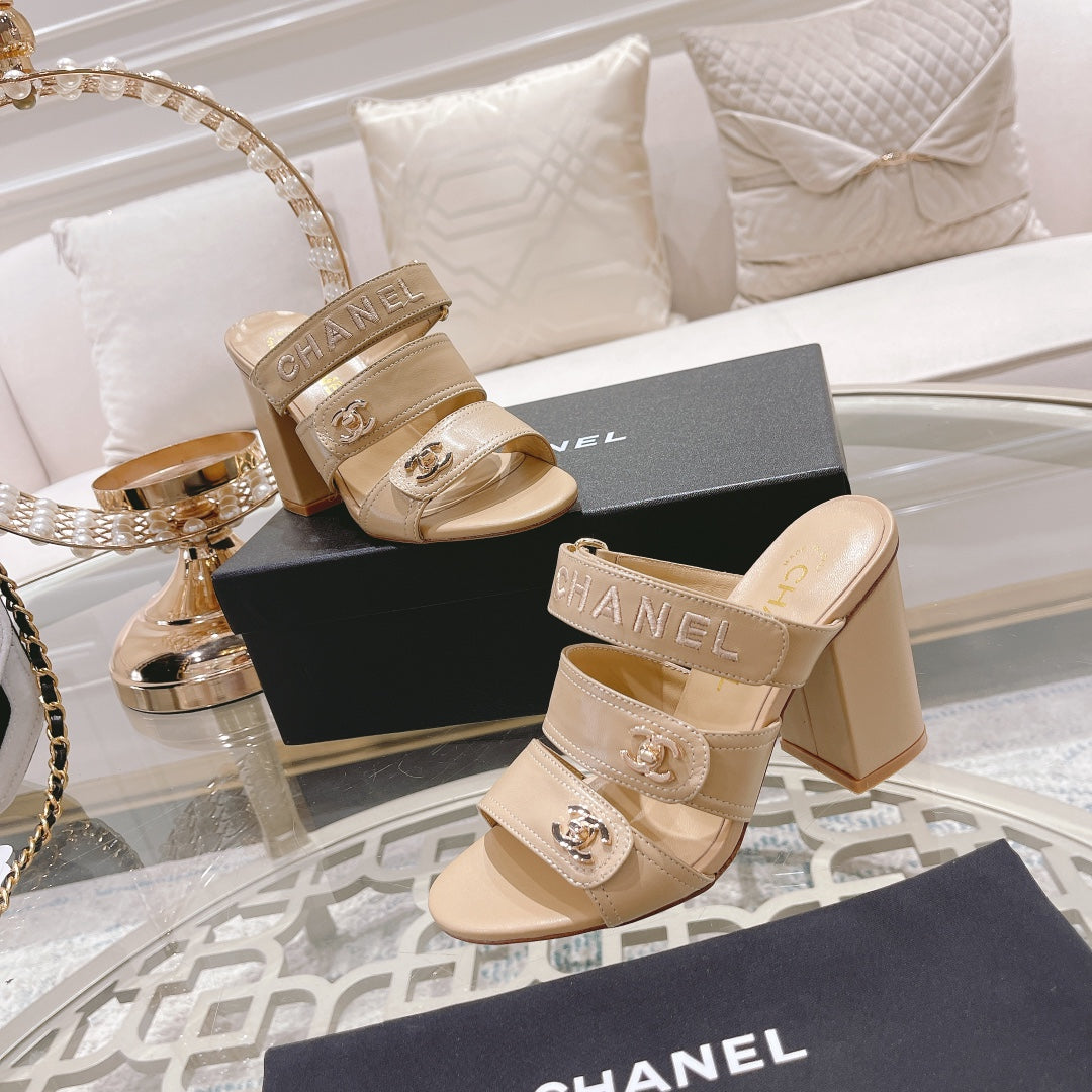 CC 25C Three Strap Sandal Mule High Heel Cream Sheepskin 213347