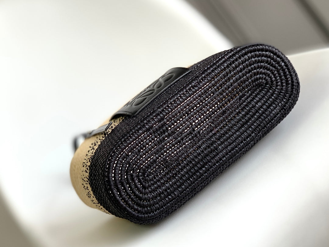 Loewe Basket Handbag Black mix Beige Raffia Cowhide 254109