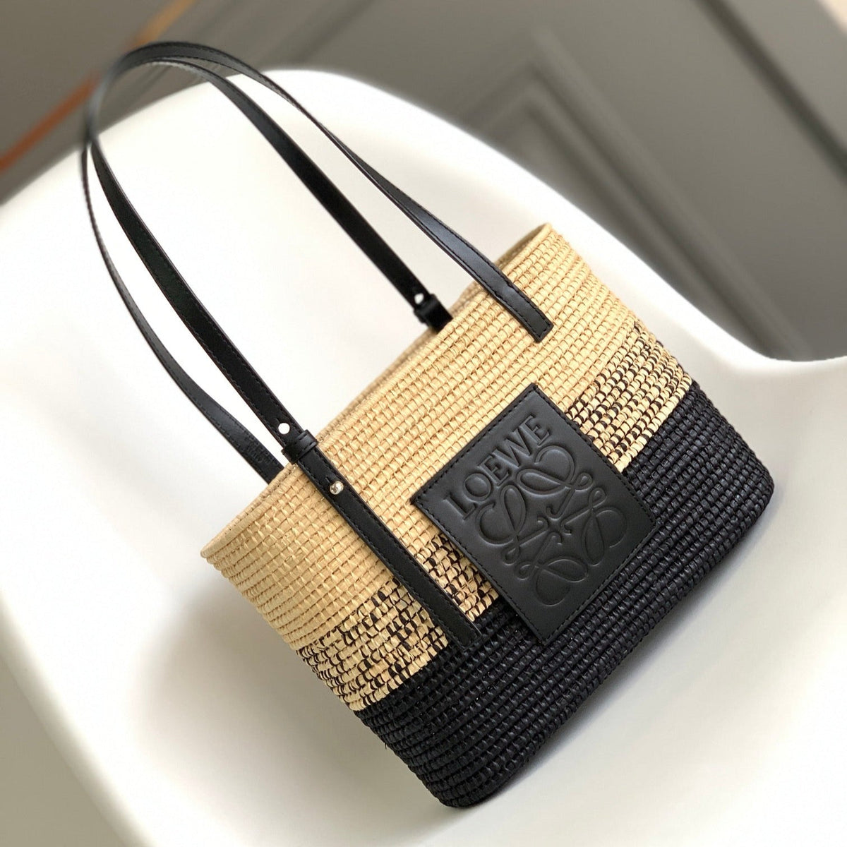 Loewe Basket Handbag Black mix Beige Raffia Cowhide 254109