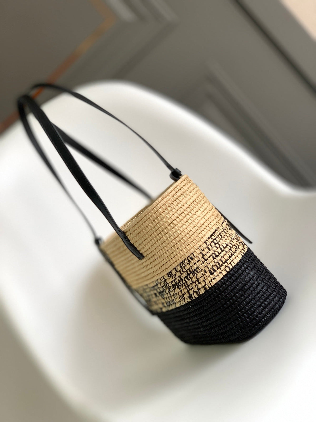 Loewe Basket Handbag Black mix Beige Raffia Cowhide 254109