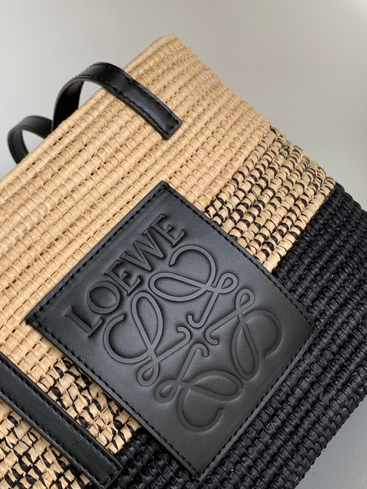 Loewe Basket Handbag Black mix Beige Raffia Cowhide 254109