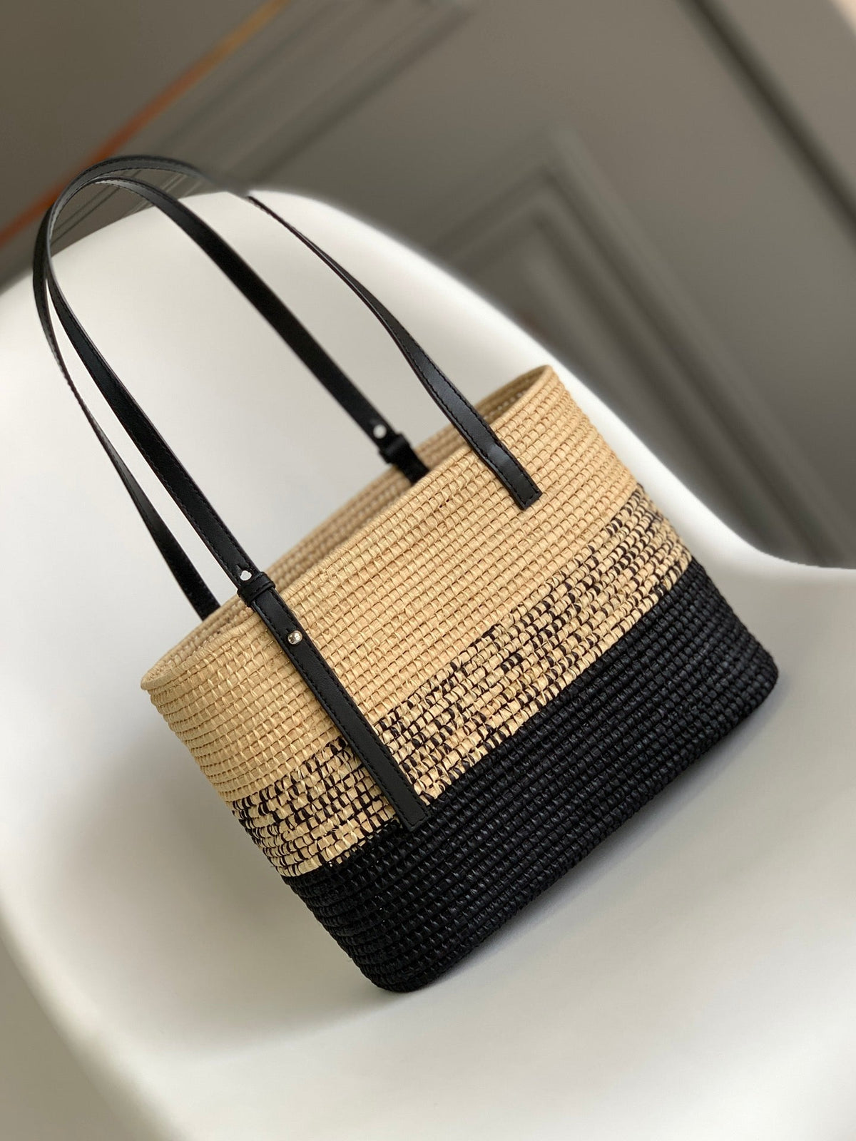 Loewe Basket Handbag Black mix Beige Raffia Cowhide 254109