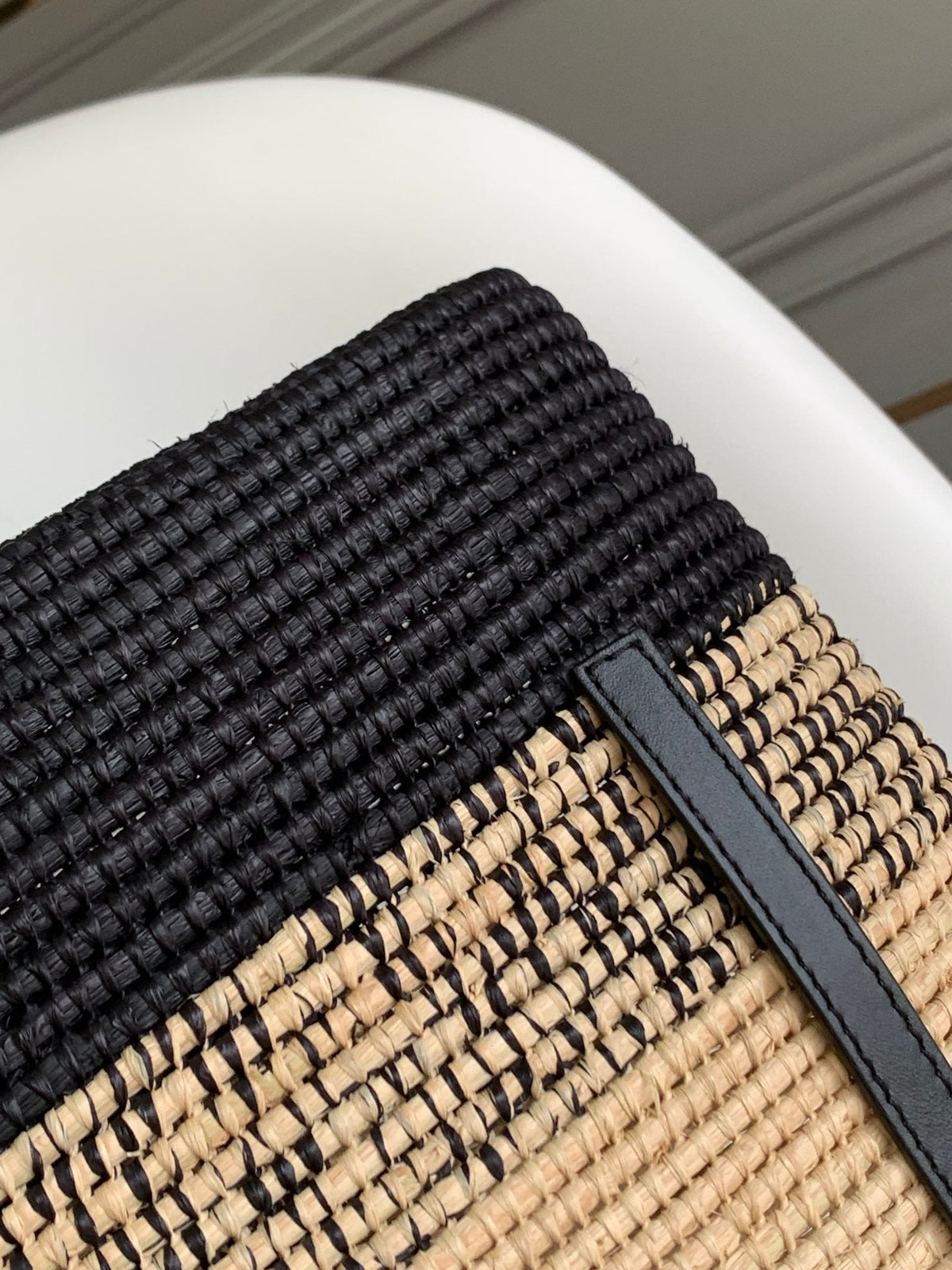 Loewe Basket Handbag Black mix Beige Raffia Cowhide 254109