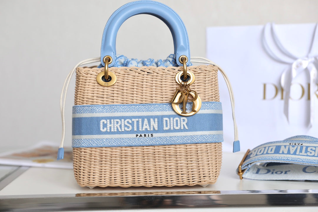 LADY 24 BASKET BAG IN BLUE OBLIQUE JACQUARD MIX BEIGE WICKER