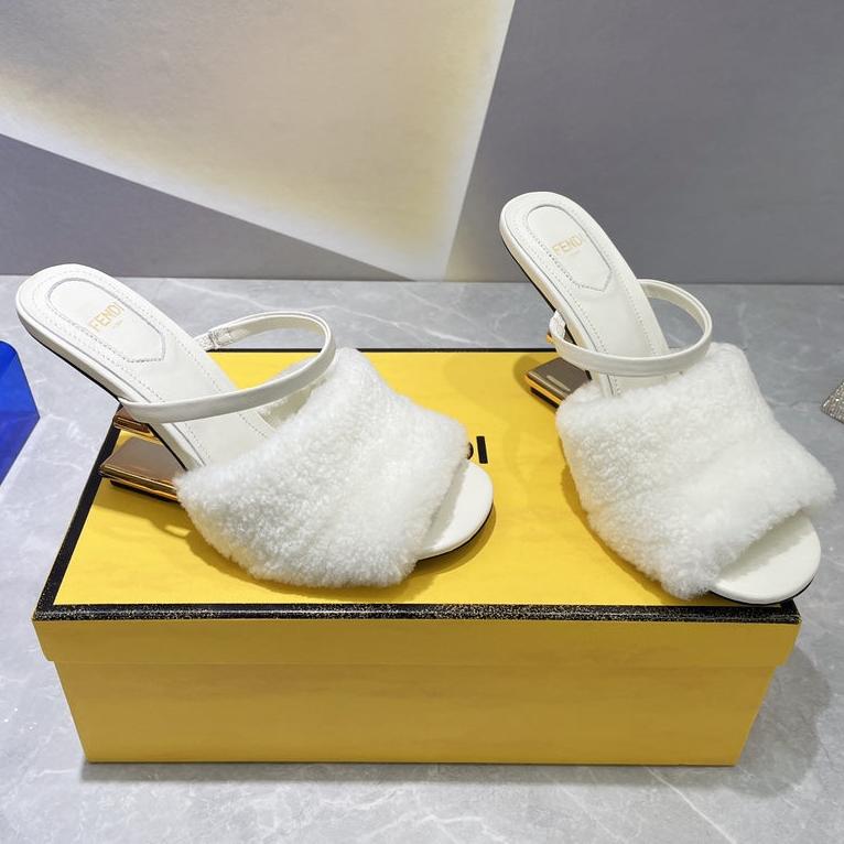 FENDI FIRST HIGH HEEL 95 MM SANDAL IN WHITE MINK FUR