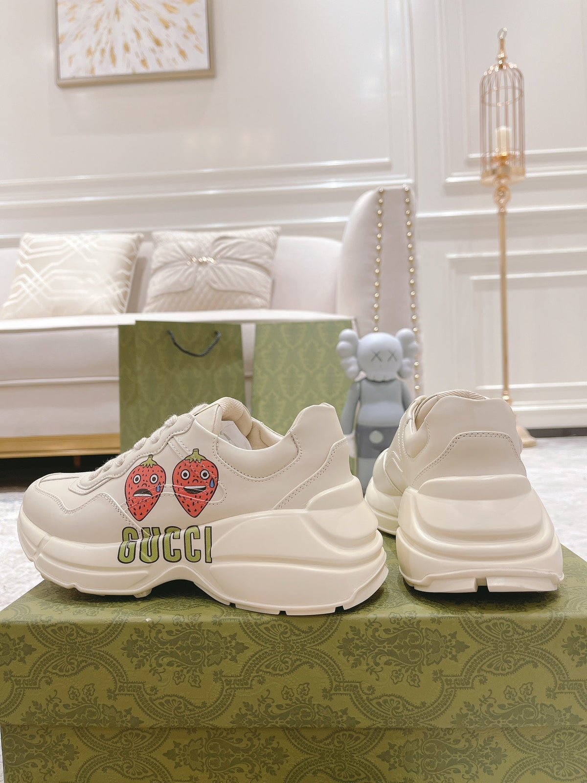 Gucci 2026 Rhyton Sneakers Ivory Cowhide With Strawberry Motif 988664