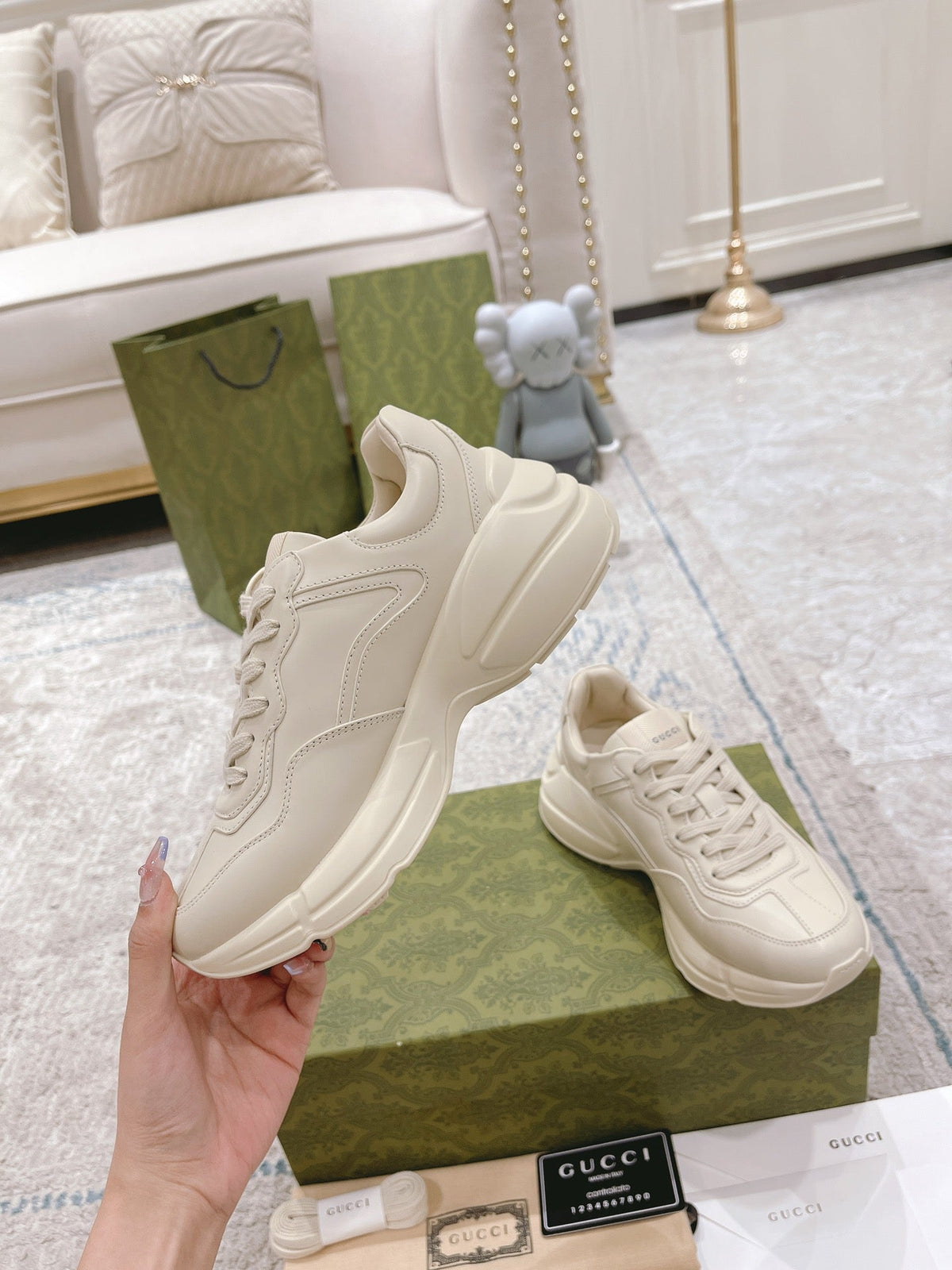 Gucci 2026 Rhyton Sneakers Ivory Cowhide With Strawberry Motif 988664