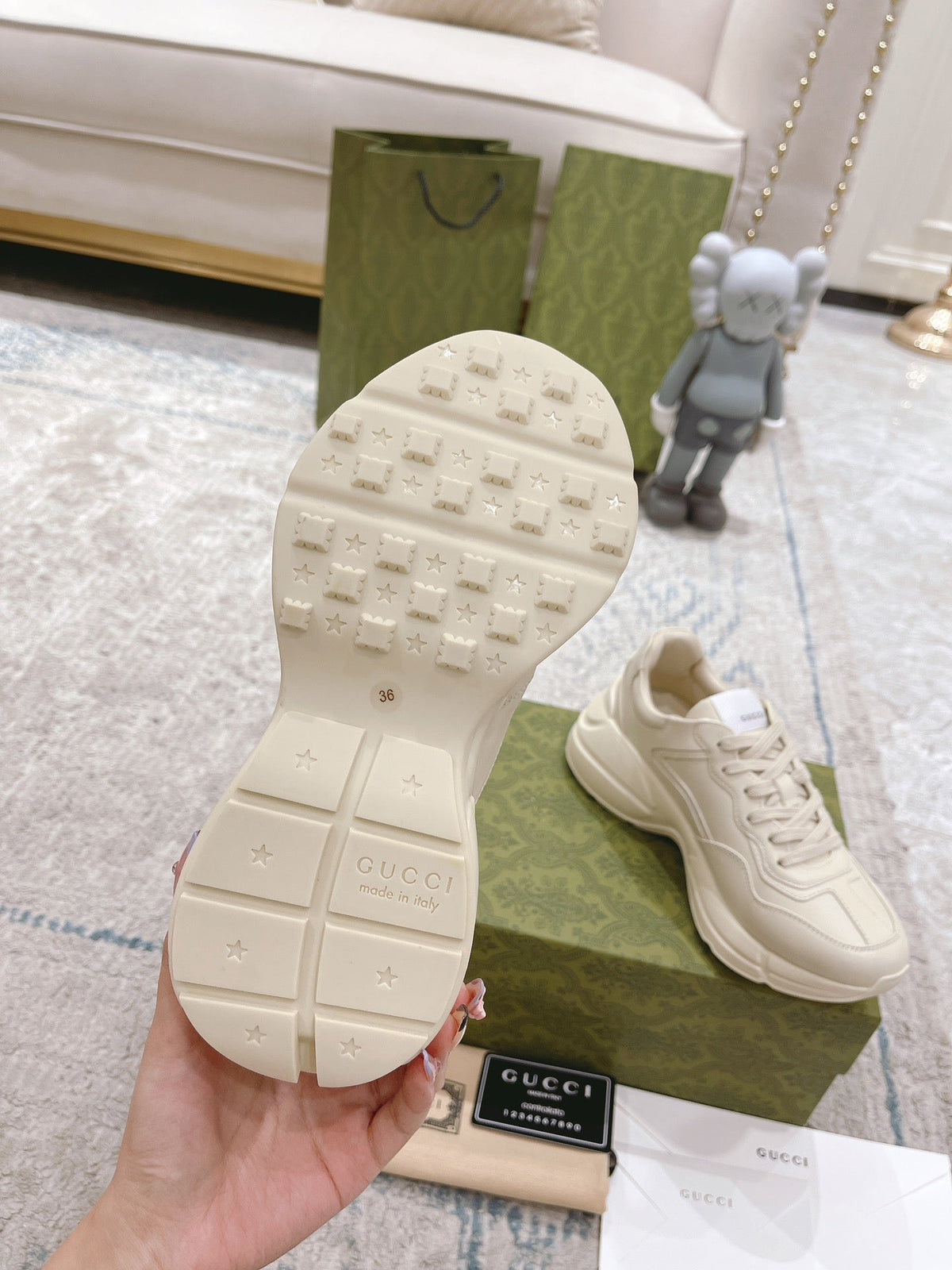 Gucci 2026 Rhyton Sneakers Ivory Cowhide With Cat Print Motif 988663