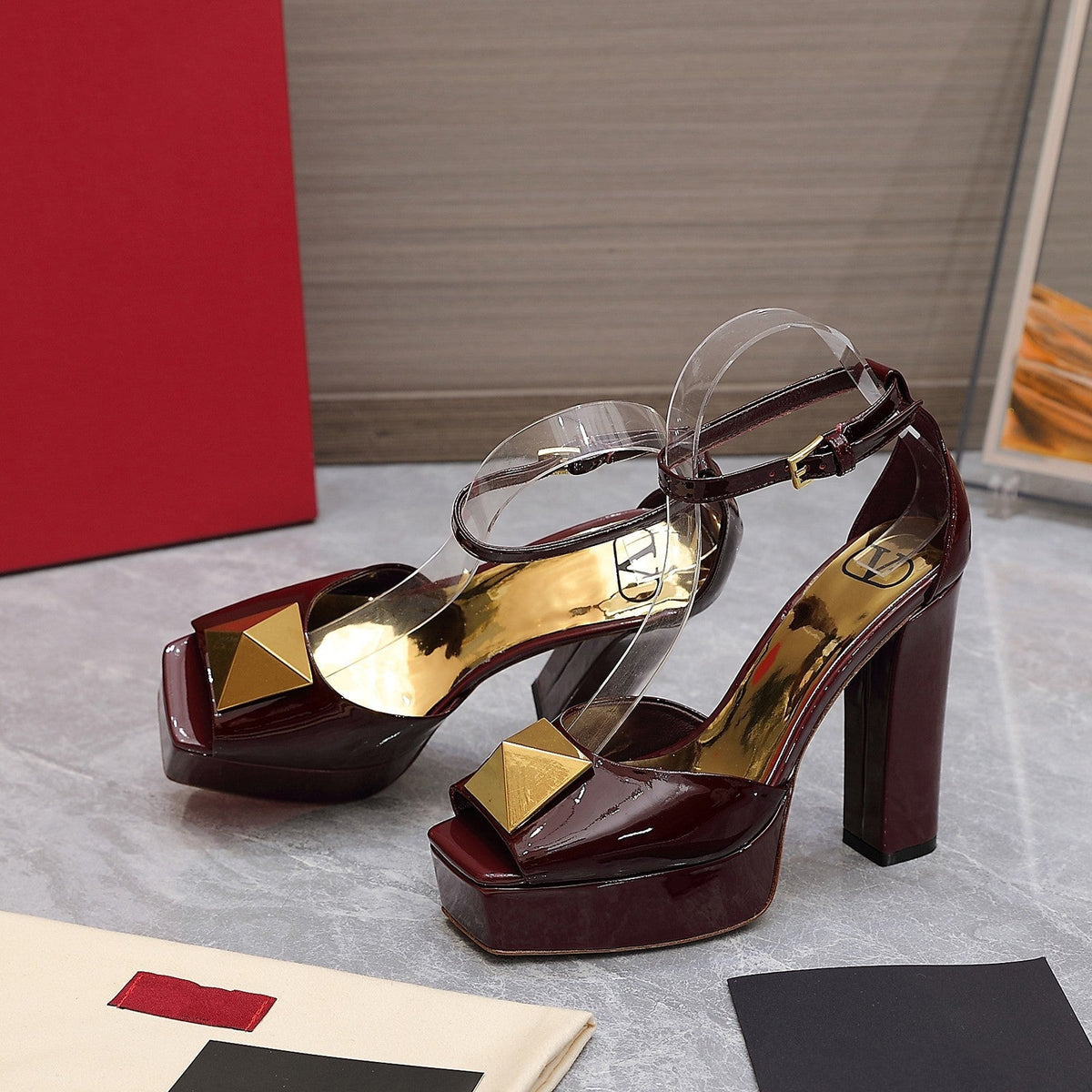 Open Toe Pump With One Stud Gold Patent Burgundy Leather 130MM