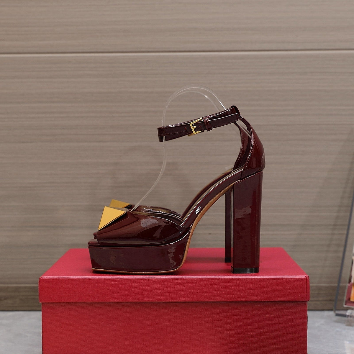 Open Toe Pump With One Stud Gold Patent Burgundy Leather 130MM