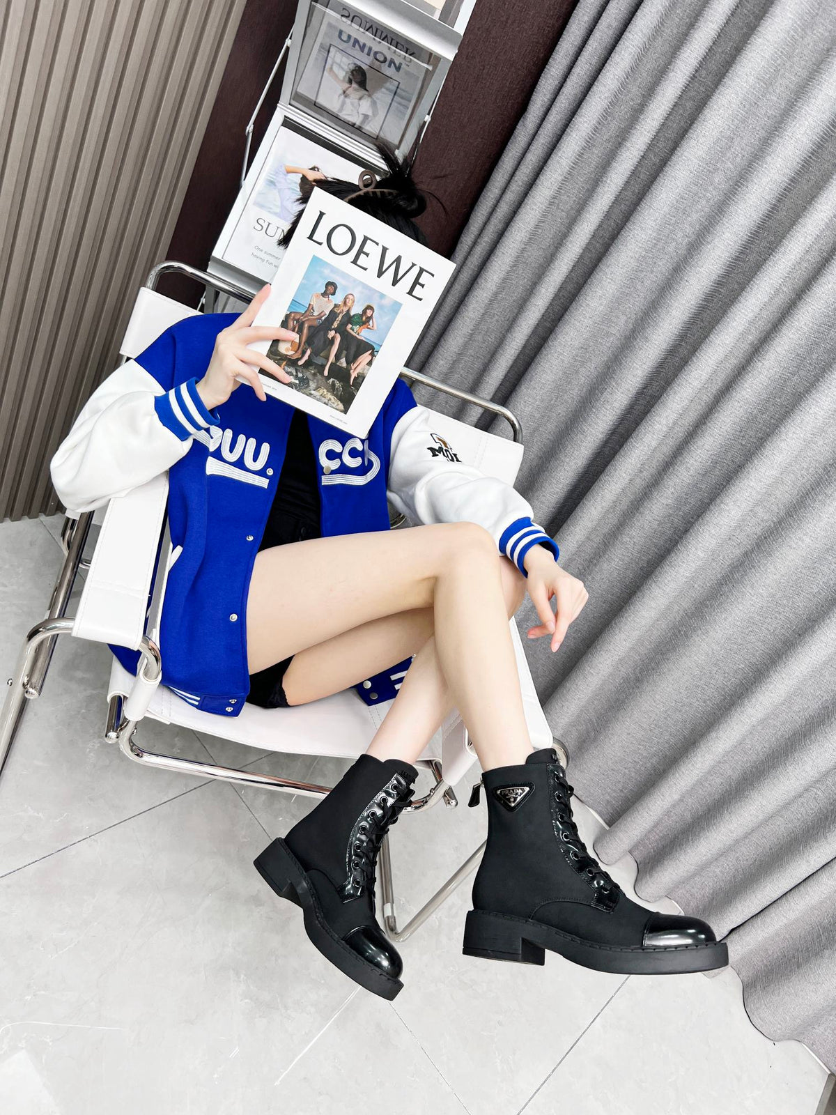 LACE-UP ANKLE BOOTS IN BLACK DENIM AND SHEEPSKIN LINING