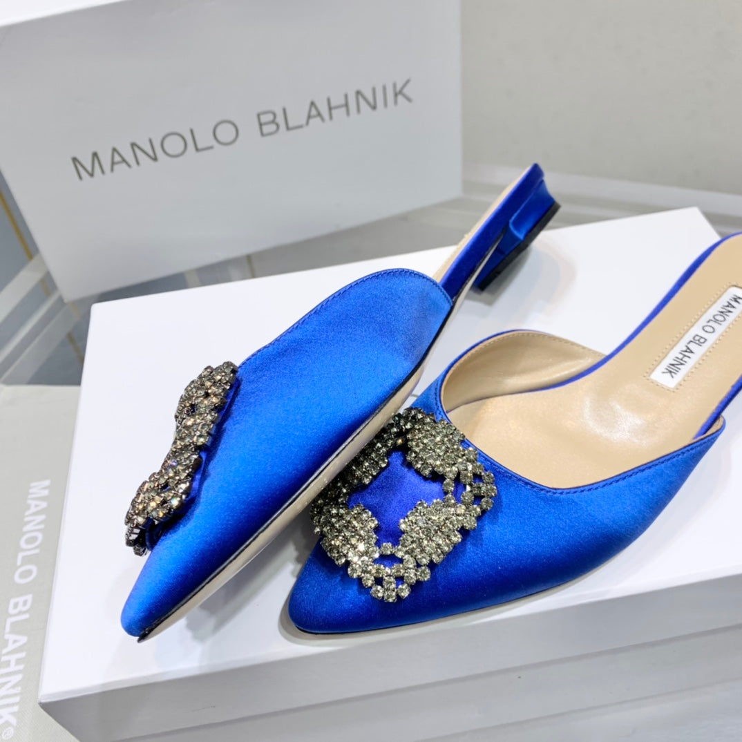 Manolo Buckle Flast Mules Navy Blue Silk 327512