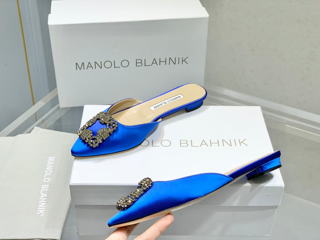 Manolo Buckle Flast Mules Navy Blue Silk 327512