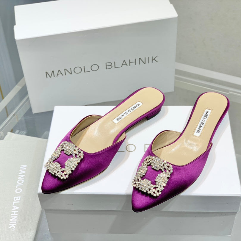 Manolo Buckle Flast Mules Purple Silk 327513