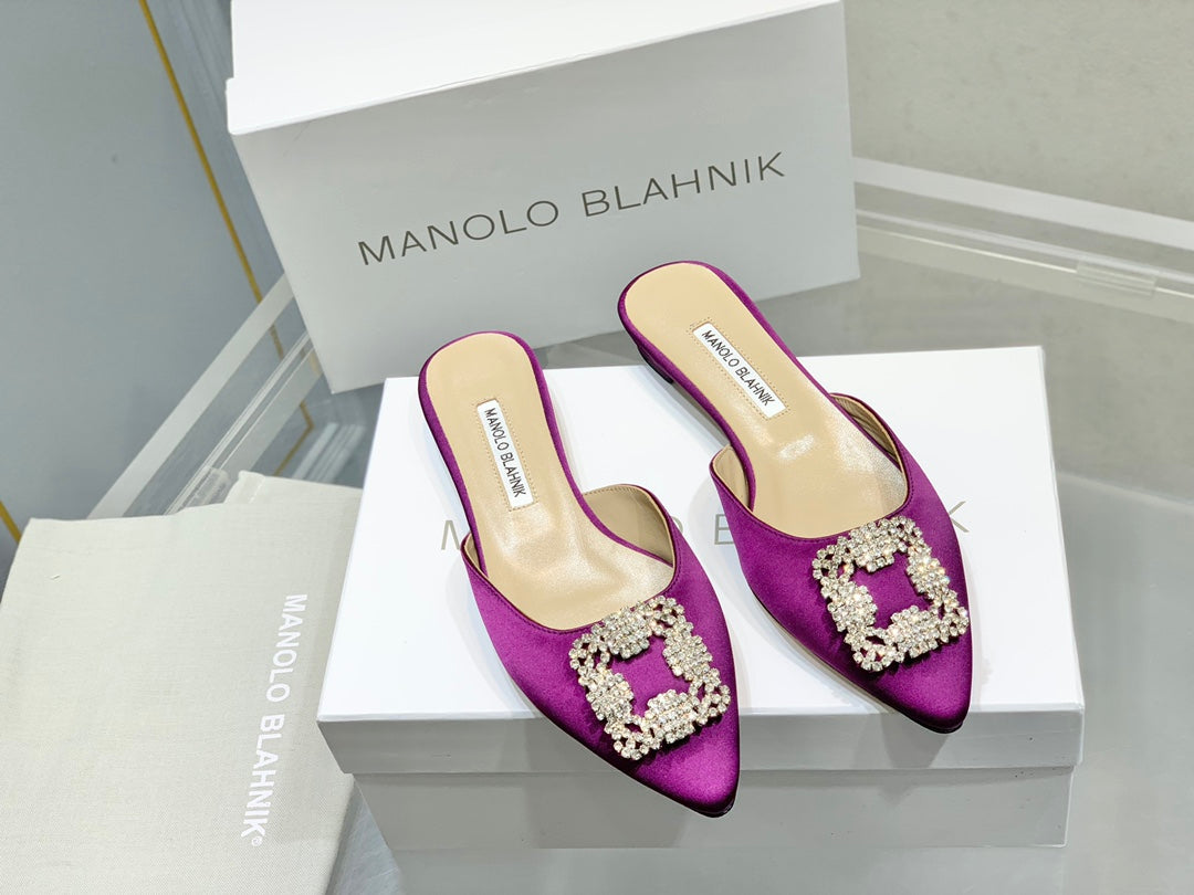 Manolo Buckle Flast Mules Purple Silk 327513