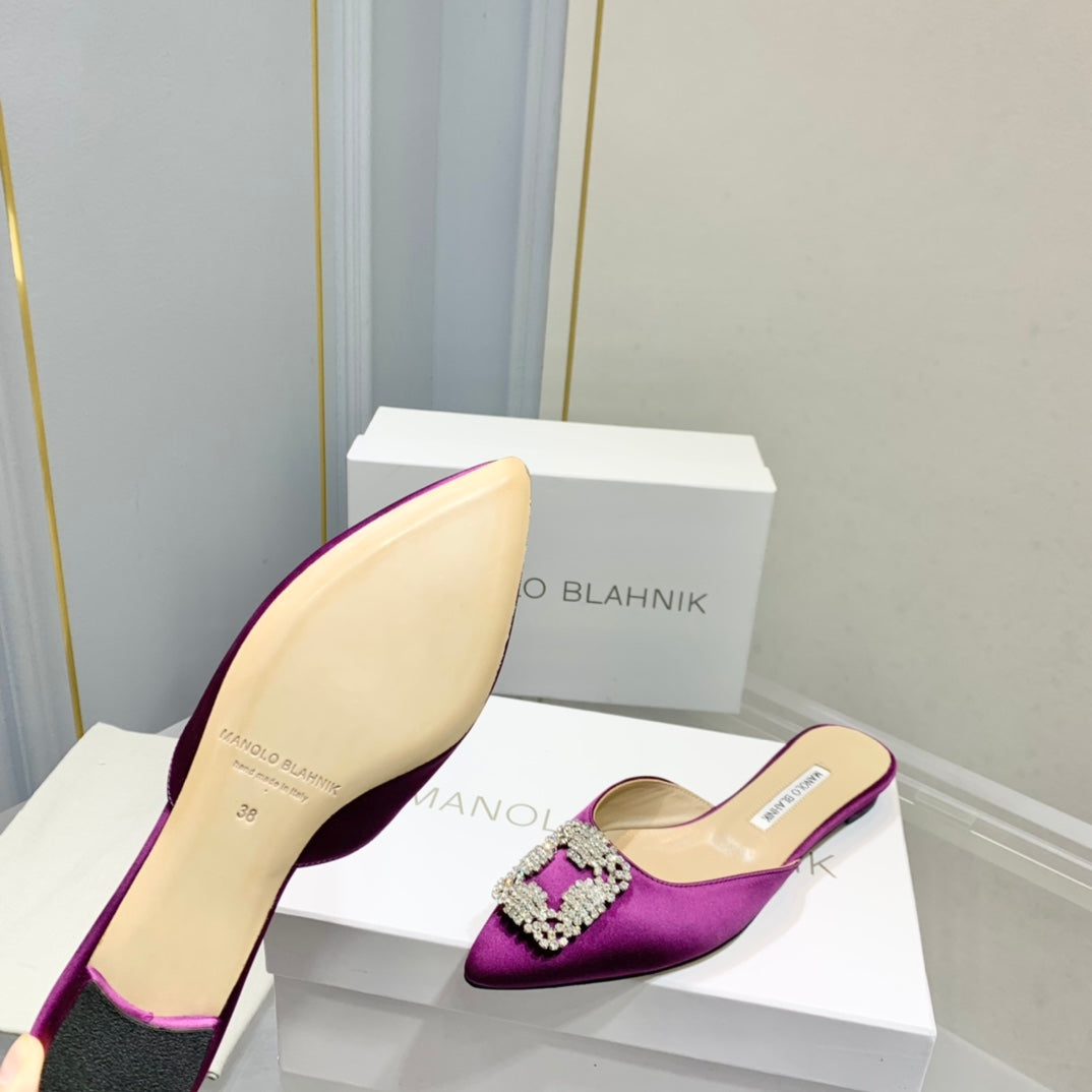 Manolo Buckle Flast Mules Purple Silk 327513