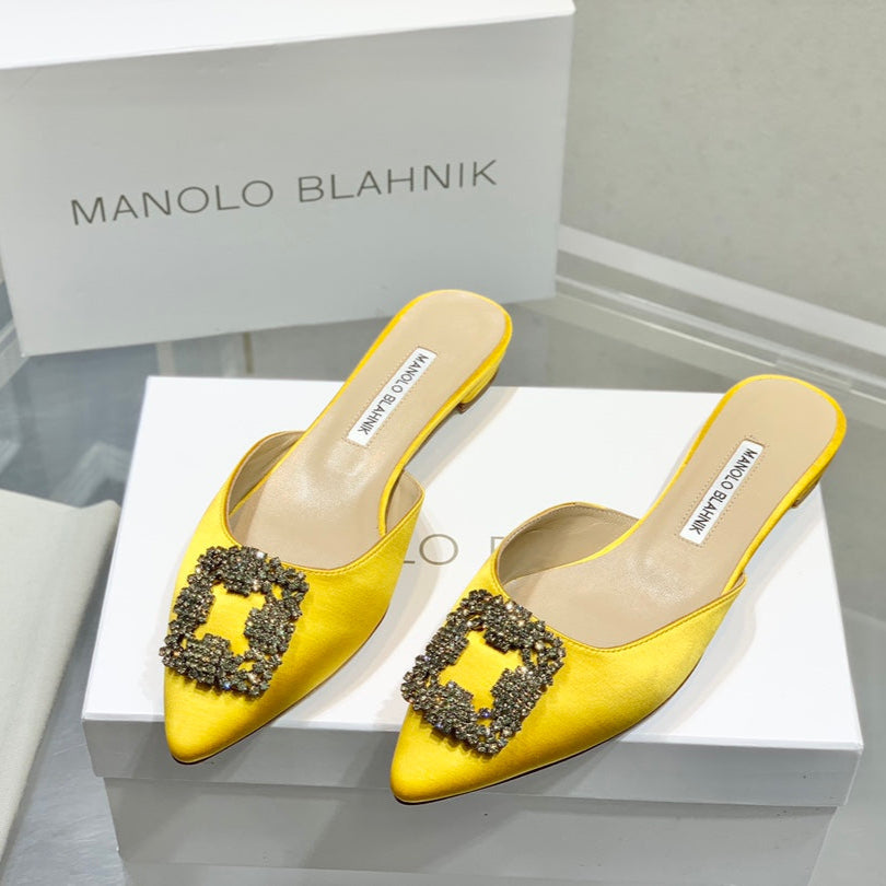 Manolo Buckle Flast Mules Yellow Silk 327516