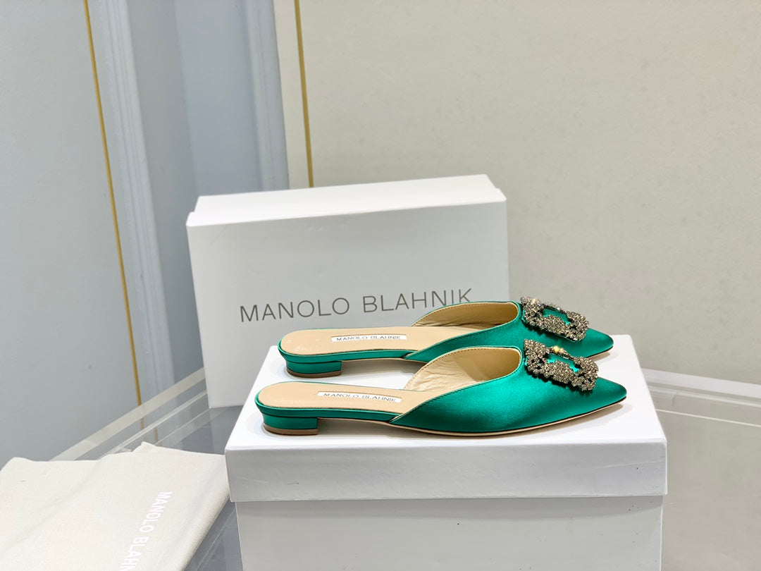 Manolo Buckle Flast Mules Green Silk 327517