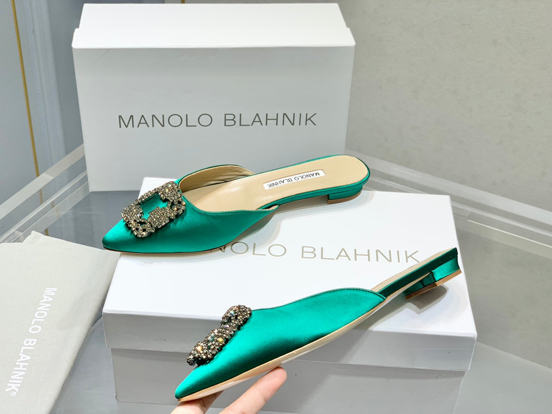 Manolo Buckle Flast Mules Green Silk 327517