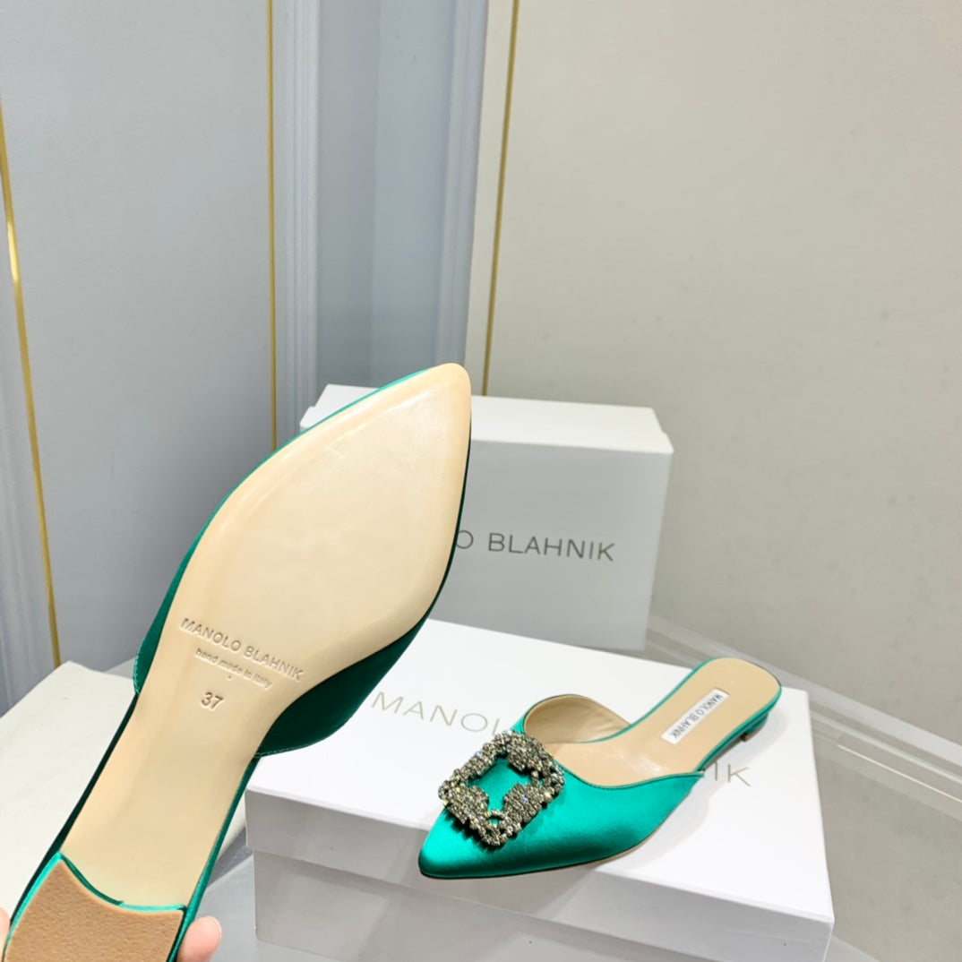 Manolo Buckle Flast Mules Green Silk 327517