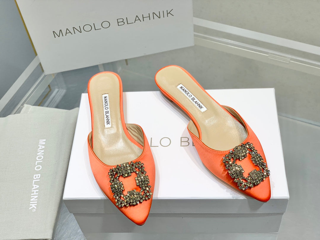 Manolo Buckle Flast Mules Orange Silk 327520