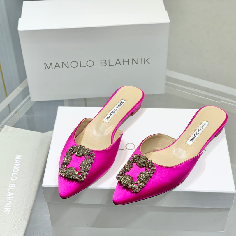 Manolo Buckle Flast Mules Dark Pink Silk 327521