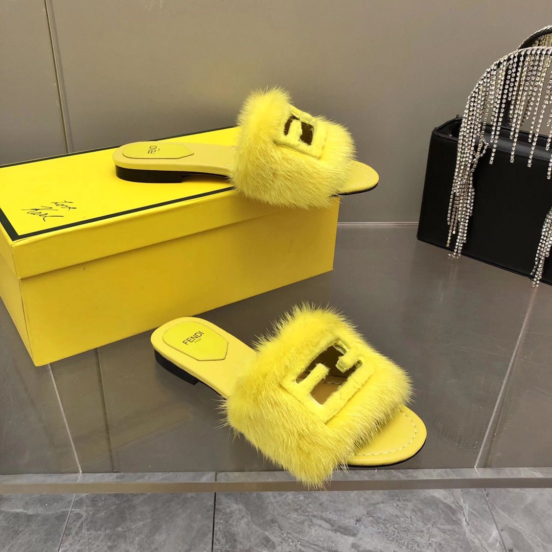 FENDI BAGUETTE MINK SLIDE SLIPPER IN BRIGHT YELLOW FUR