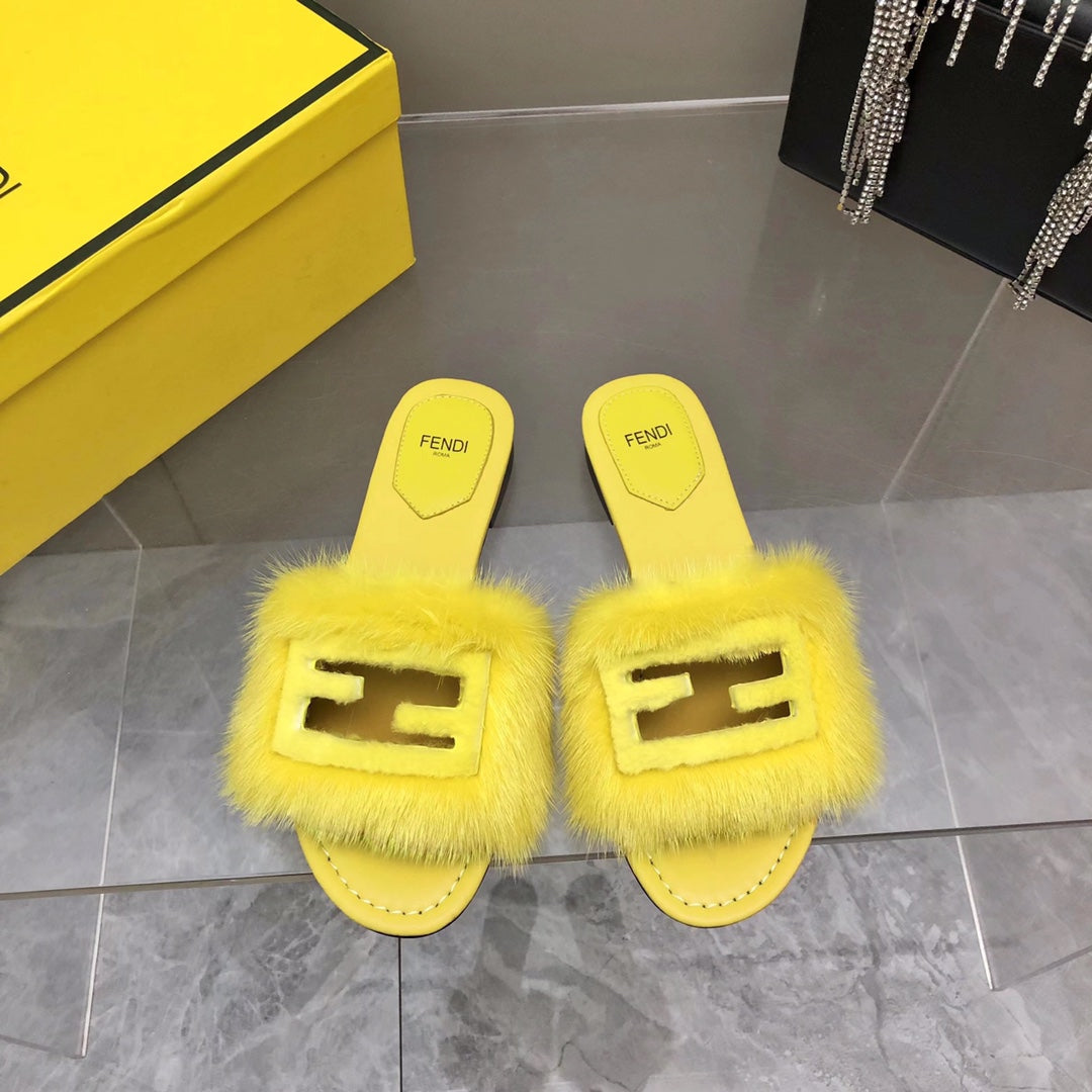 FENDI BAGUETTE MINK SLIDE SLIPPER IN BRIGHT YELLOW FUR