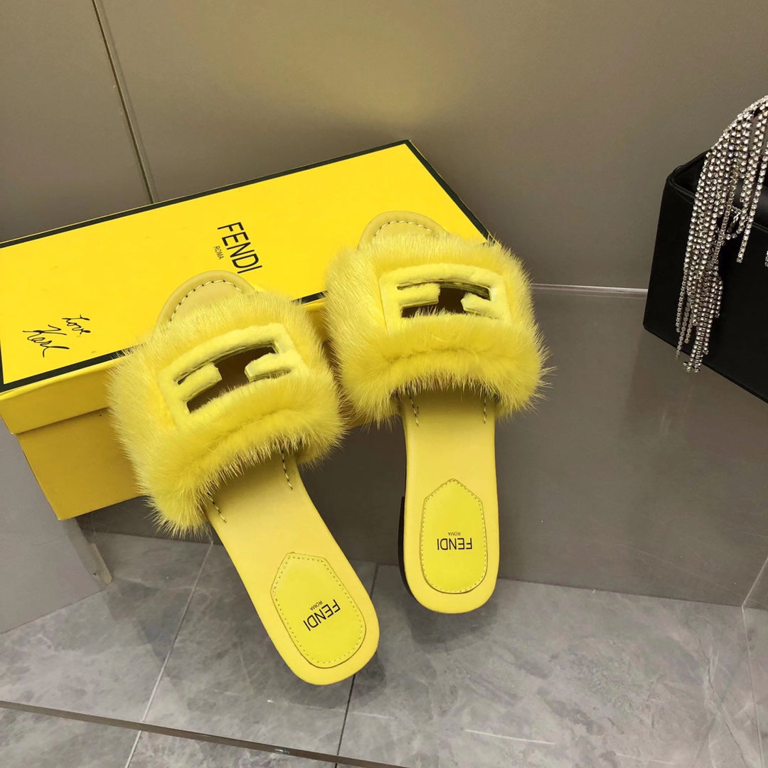 FENDI BAGUETTE MINK SLIDE SLIPPER IN BRIGHT YELLOW FUR