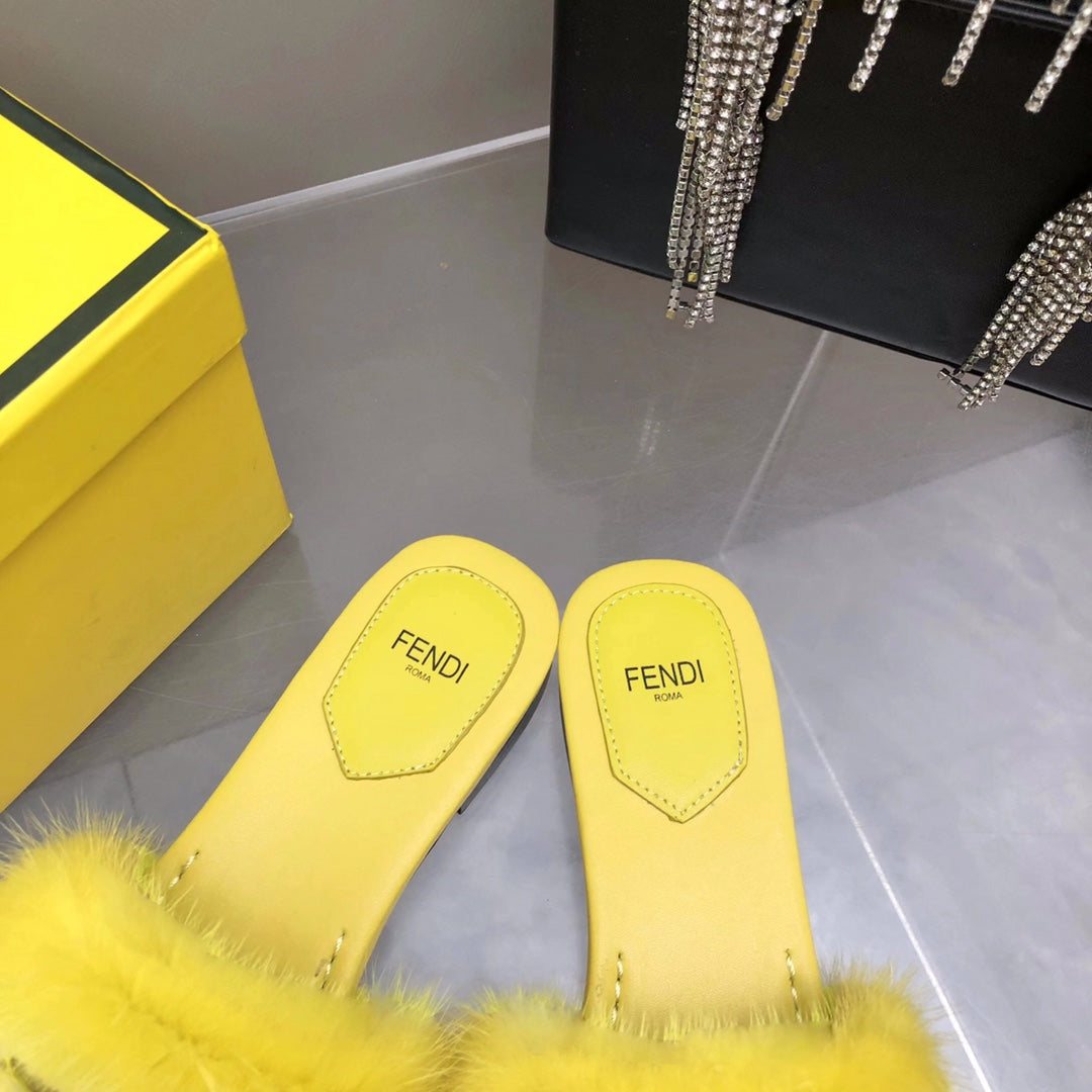 FENDI BAGUETTE MINK SLIDE SLIPPER IN BRIGHT YELLOW FUR