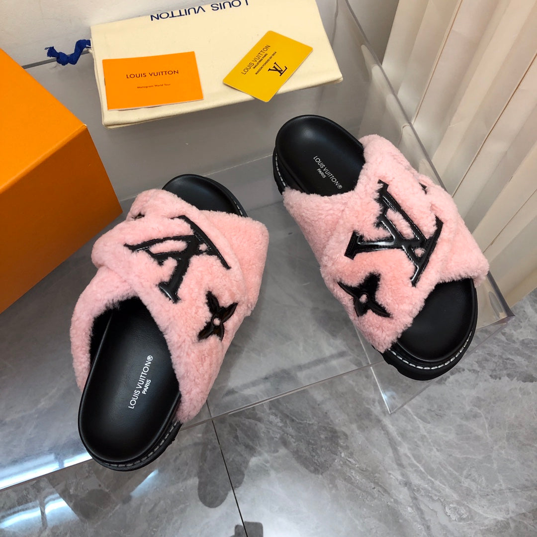 LV Paseo Flat Comfort Mule Pink Black Fleece