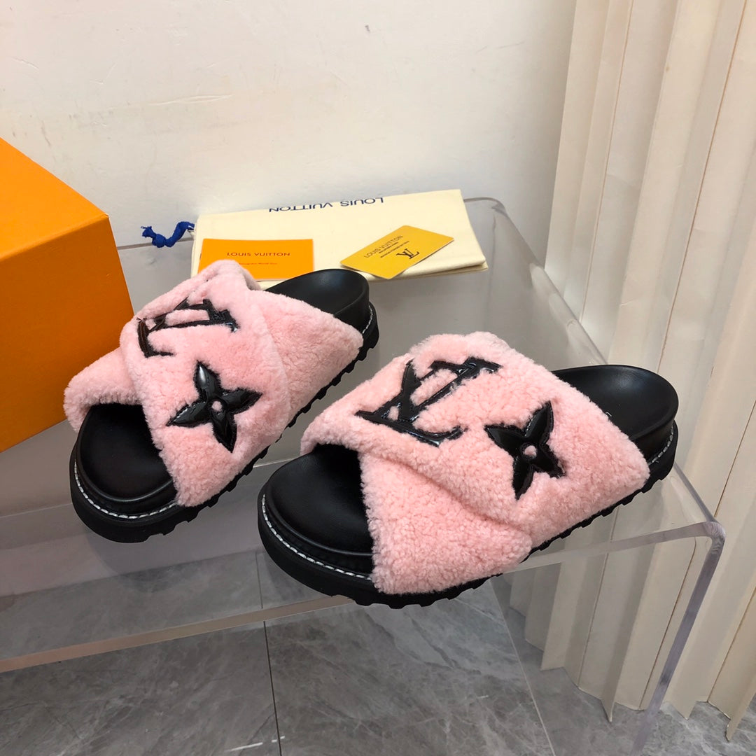 LV Paseo Flat Comfort Mule Pink Black Fleece