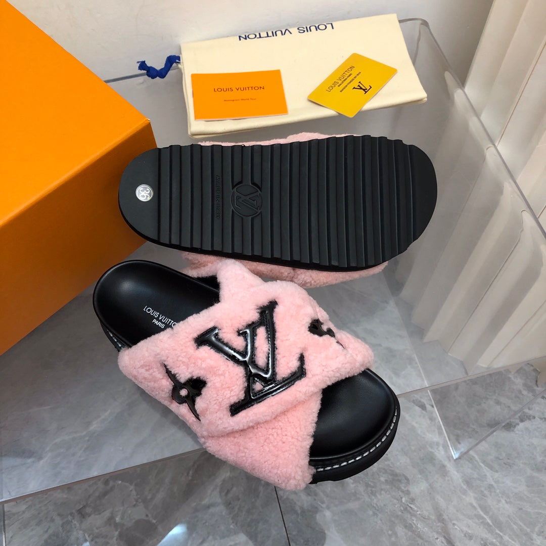 LV Paseo Flat Comfort Mule Pink Black Fleece