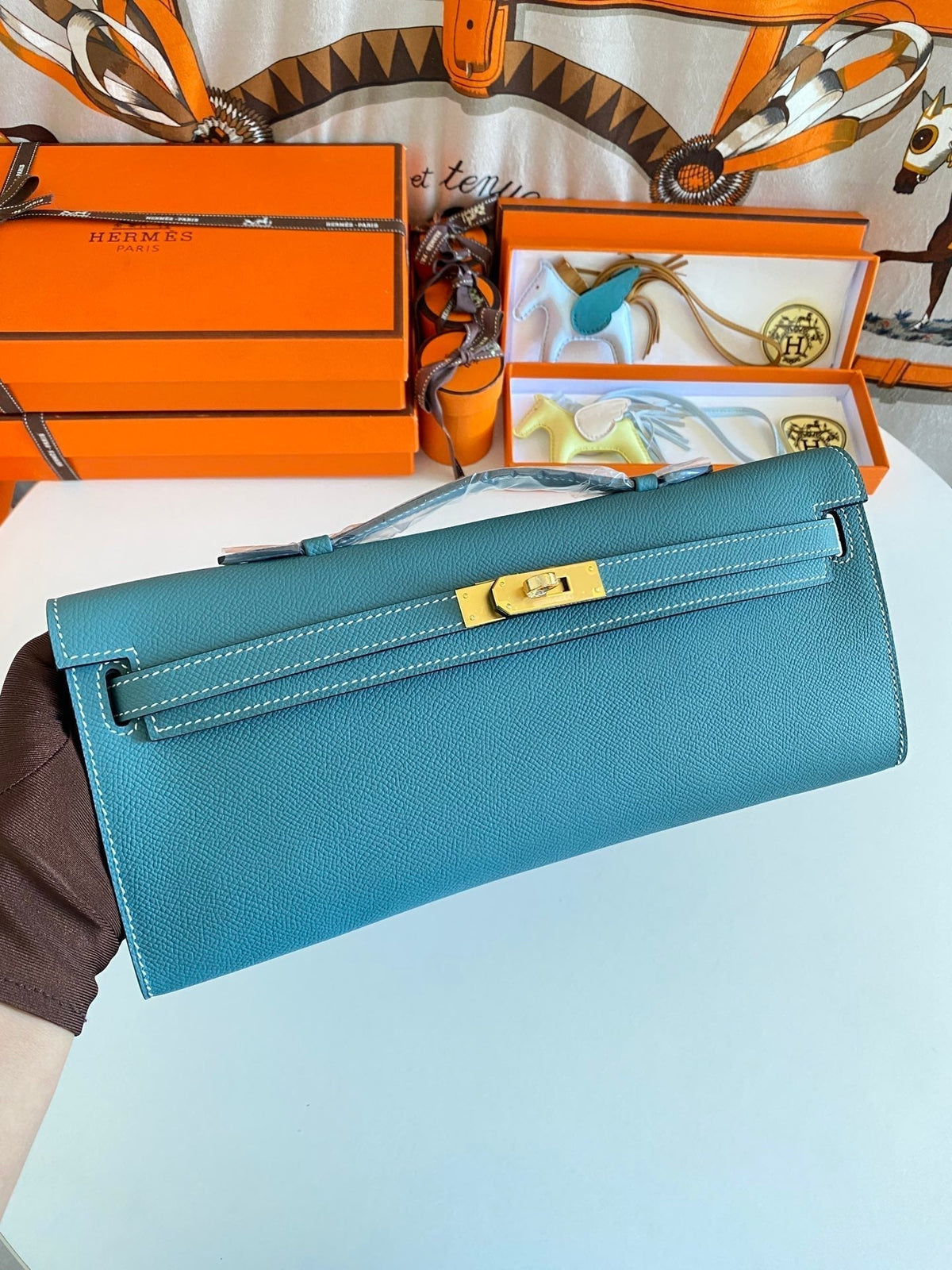 HM Kelly Cut 31 Teal Blue Epsom Leather Gold Hardware 229062