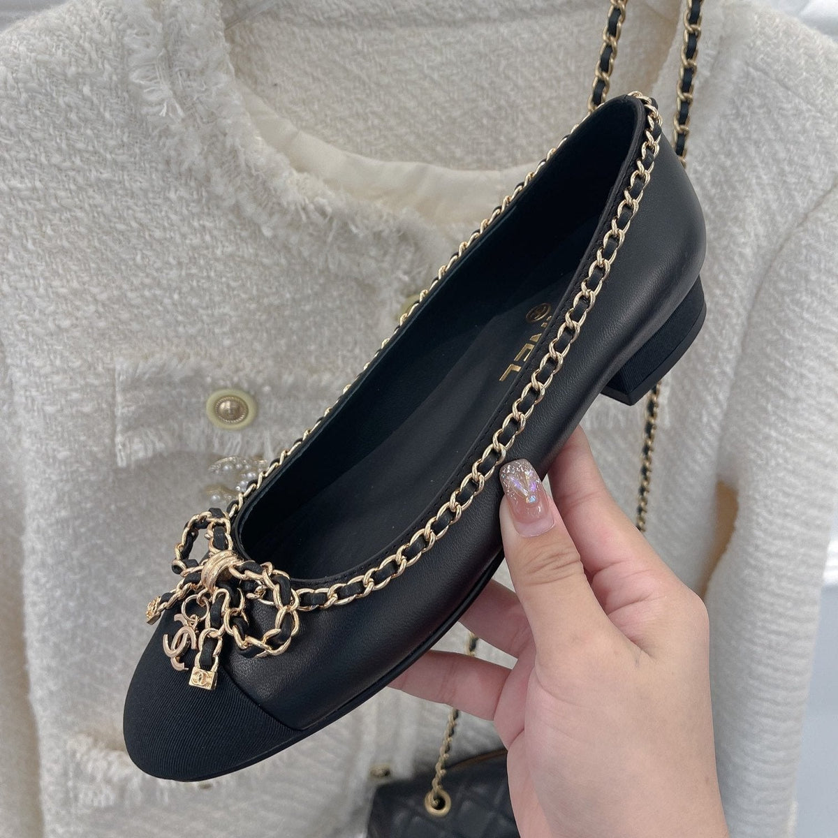 CC Ballet Flats 25mm Black Bow Tie Chain Lambskin