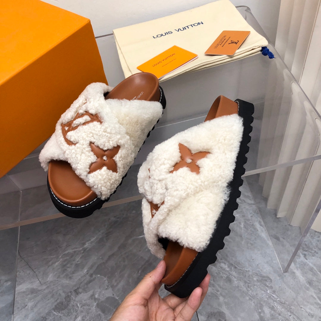 LV Paseo Flat Comfort Mule White Brown Fleece
