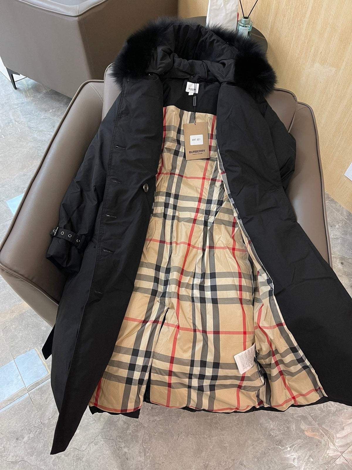 Burberry 25 Fur Collar Long Jacket Black Down Nylon
