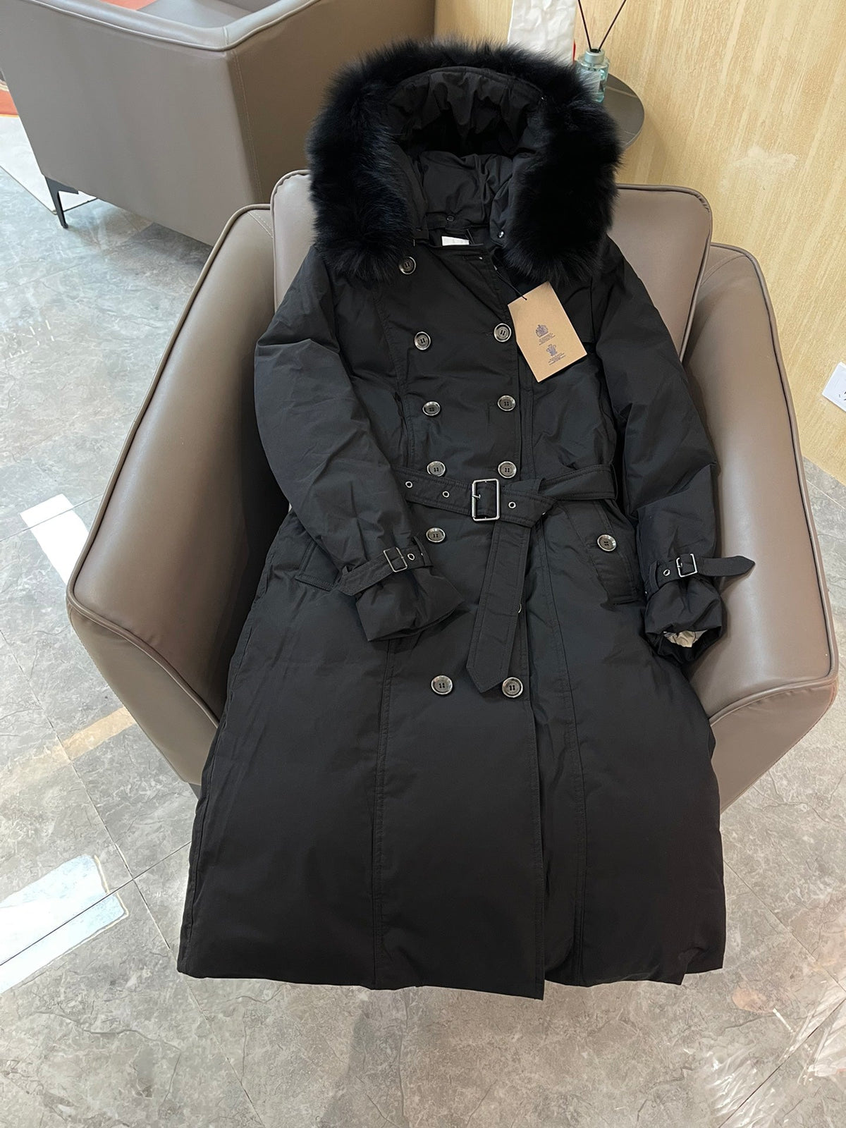 Burberry 25 Fur Collar Long Jacket Black Down Nylon
