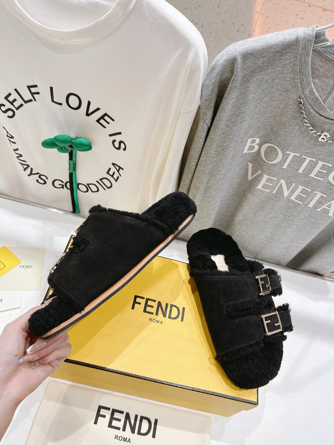 FENDI DAD SANDAL MULE IN BLACK SUEDE WITH FLEECE WITH GOLD HARDWARE
