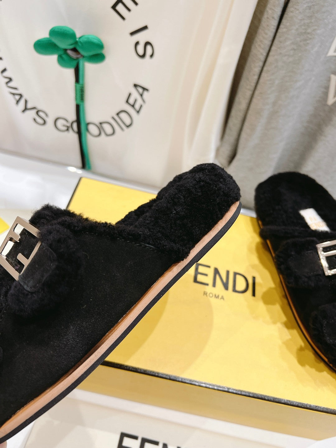 FENDI DAD SANDAL MULE IN BLACK SUEDE WITH FLEECE WITH GOLD HARDWARE