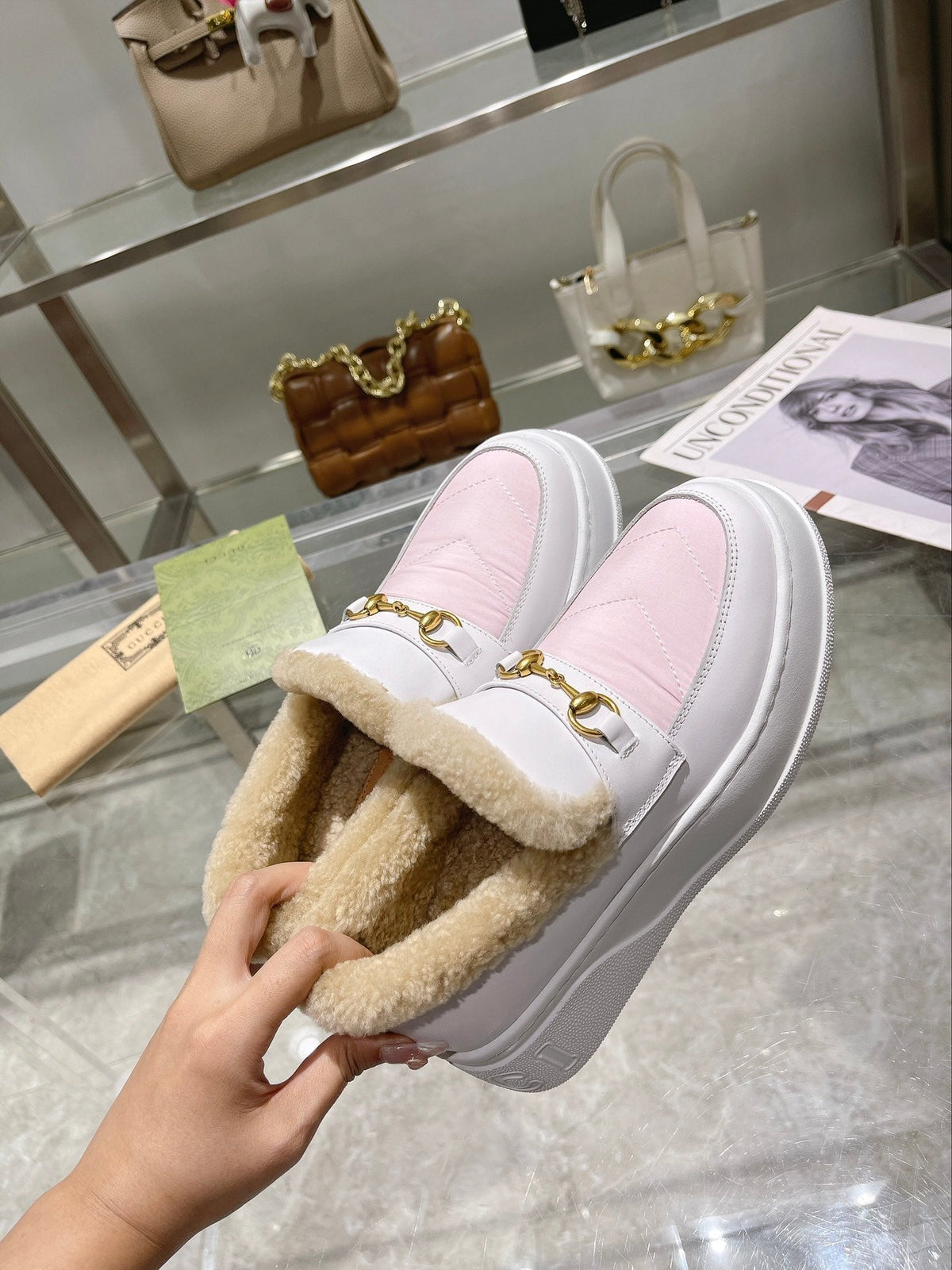 GG Snow Boots White Pink Calfskin Wool 576241
