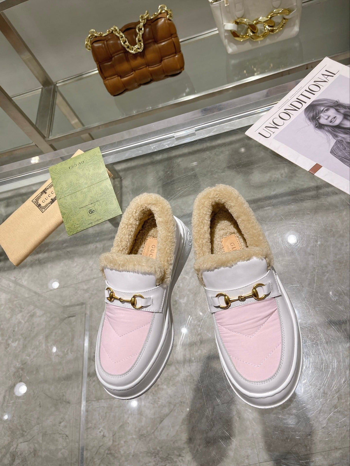 GG Snow Boots White Pink Calfskin Wool 576241