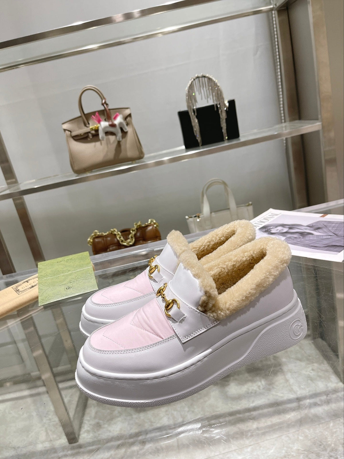 GG Snow Boots White Pink Calfskin Wool 576241