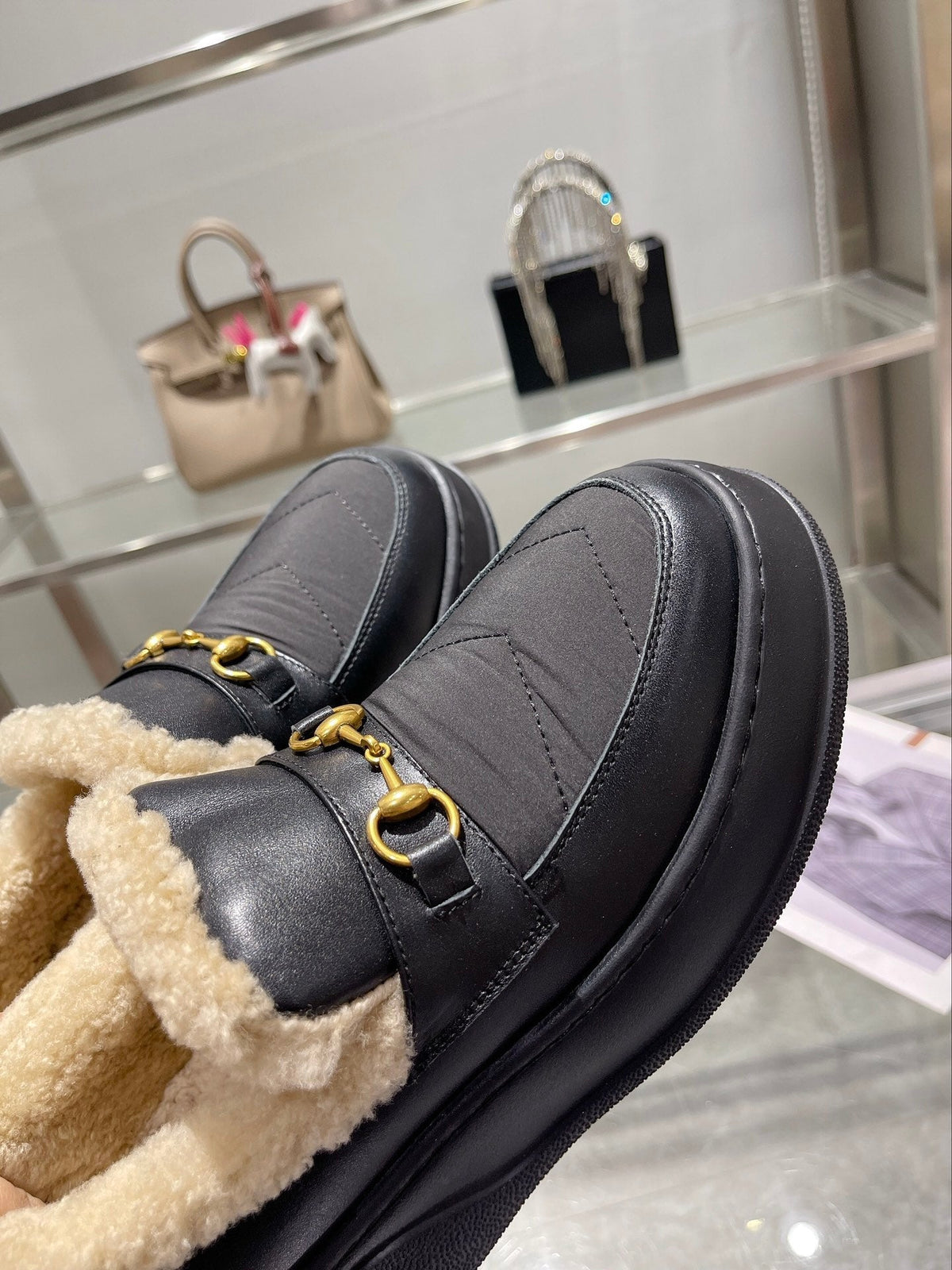 GG Snow Boots Black Calfskin Wool 576242
