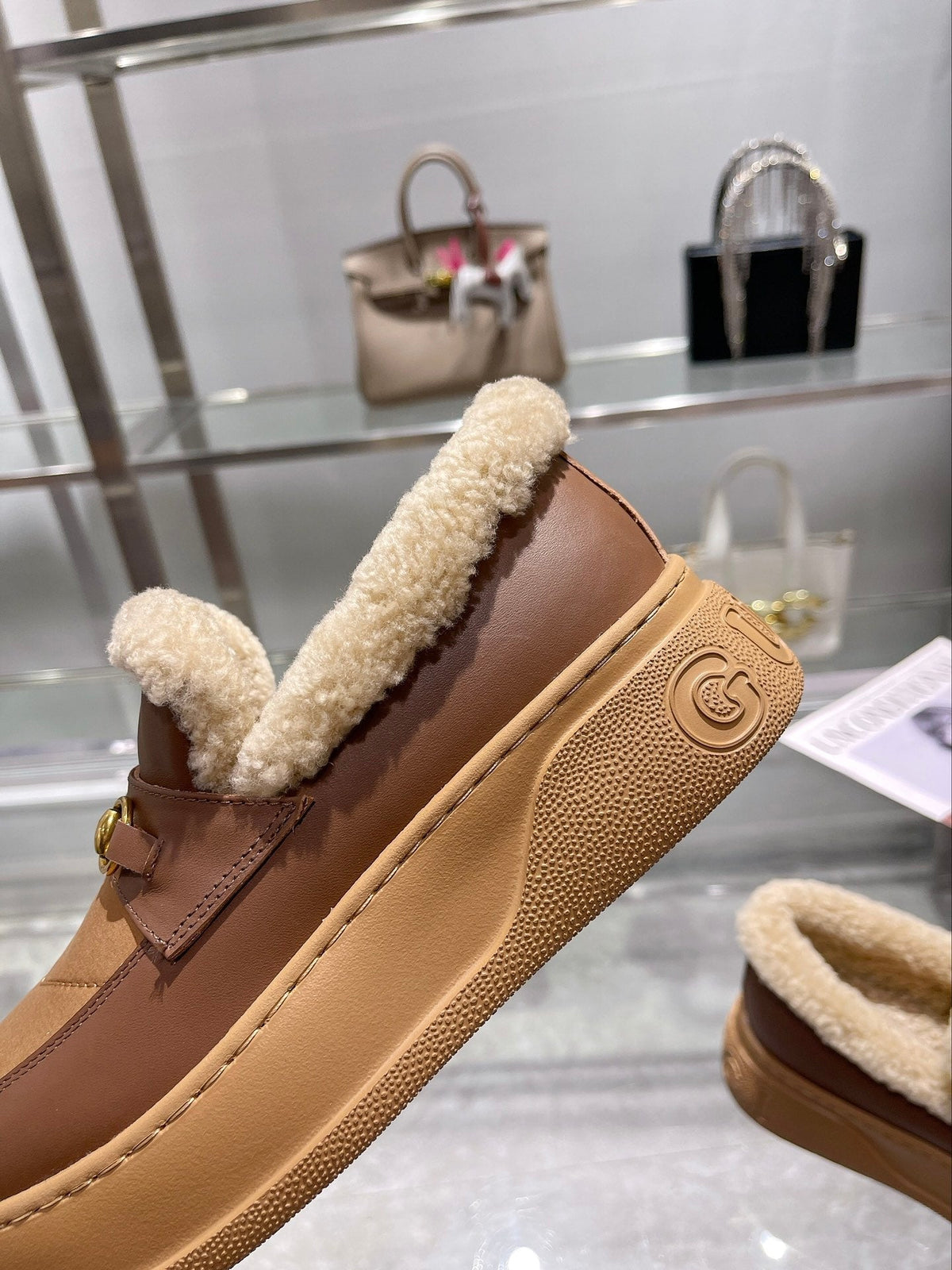GG Snow Boots Brown Beige Calfskin Wool 576244