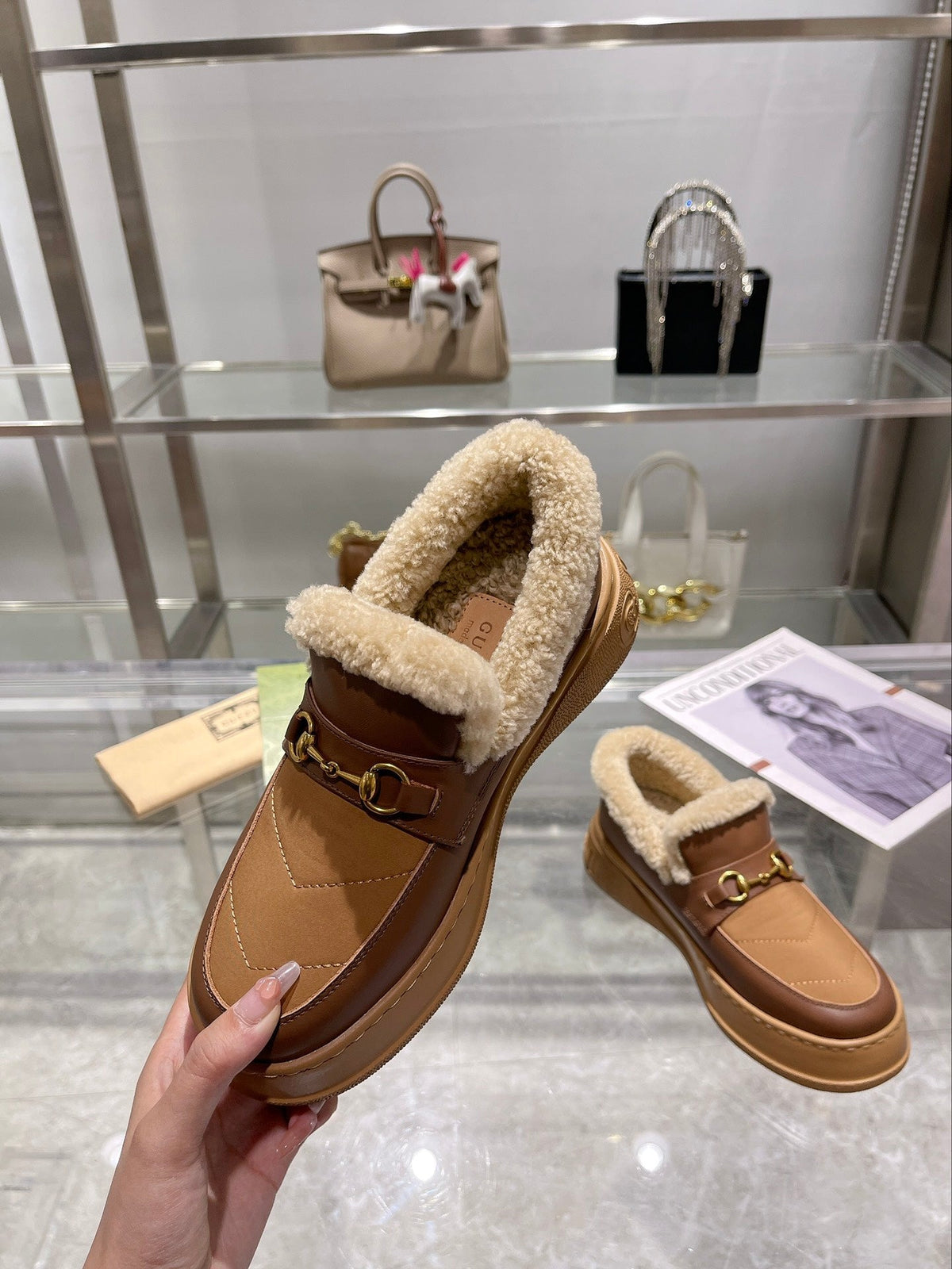 GG Snow Boots Brown Beige Calfskin Wool 576244